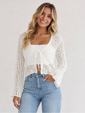 Cropped White Crochet Tie-Front Sweater with Light Blue Wide-Leg Jeans